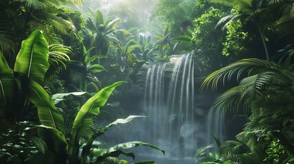 Wall Mural - Tropical rainforest with dense foliage and a waterfall