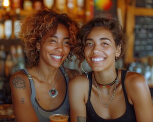 Joyful LGBT Couple Enjoying Casual Lunch in Bright CafÃ© Environment, Shot with 90mm f/4.0 Lens