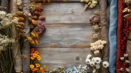 Wall Mural - Dried Flowers and Fabric on Wooden Background