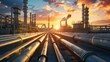 © milosducati - Industrial refinery complex with intricate pipelines and structures, illuminated against a colorful sunset sky