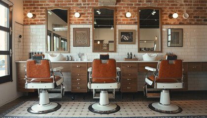 a classic barbershop environment with three antique barber chairs neatly placed