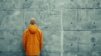 Man in Orange Jacket Standing in Front of Concrete Wall