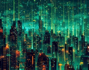 Futuristic Smart Cyber City illustration: Innovative Urban Landscape in Digital Circuitry, futuristic technology concept, Graphic Resources, Wallpapers, Brochure, Websites, banner design, Advertising,