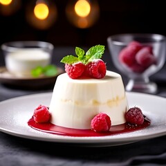 Sticker - delicious-dessert---panna-cotta-italian-dessert-homemade-bakery-serve-on-plate-with-blurry-background