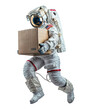 © Natural PNG - Space Delivery: An astronaut in a white spacesuit floats through space, carrying a brown cardboard box, suggesting the delivery of supplies or cargo to a distant destination.