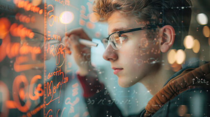 Wall Mural - A high-resolution photograph of a young man writing on a glass board with a marker, close-up shot, reflections on the glass