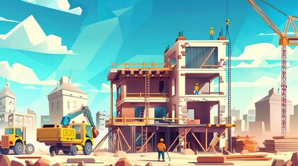 Poster - a team of workers is building a luxury house 