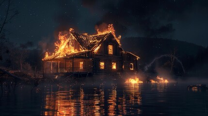 Poster - Burning wooden country house in the dark at night. Accident, house fire, floating destroys the building. 