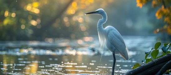 Wall Mural - White Egret Standing in a River at Sunset