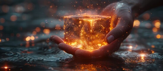 Wall Mural - Glowing Cube Held in a Hand Above Water