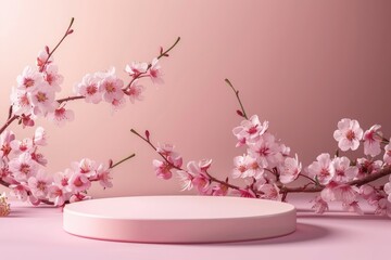 Wall Mural - Empty podium or pedestal for cosmetics product decorated with cherry blossom twigs. Spring cosmetic template - generative ai