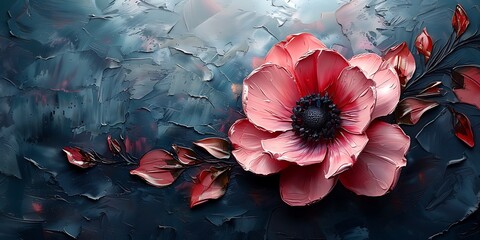 Poster - Creative layout made of red anemone flowers on dark background. Oil painting. Flat lay, top view, copy space