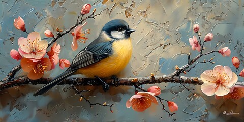 Wall Mural - Artistic painting of a bird sitting on a branch of a flowering tree