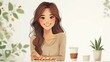 © Pattarin - vector, illustration, flat, Happy girl eating pizza in cafe - cartoon woman with takeout food and drink sitting behind table and smiling. Isolated vector illustration on white background