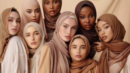 Wall Mural - A group of women wearing brown scarves are posing for a photo