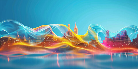 Wall Mural -  A wave with tropical colors like bright orange, teal, and coral. The word 