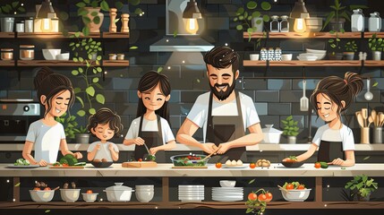 Wall Mural - vector, illustration, flat, Happy family cooking in kitchen and serving dining table. Smiling adults and children preparing meals for dinner together. Cute home scene. Colorful vector illustration in 