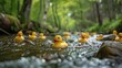 © Lamina - action shot of rubber ducks floating down a stream or small river, part of a community rubber duck race event, emphasizing fun and competition.