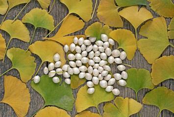 Close up and top angle view of raw ginkgo seeds with white skin on yellow ginkgo leaves and wood floor, South Korea
