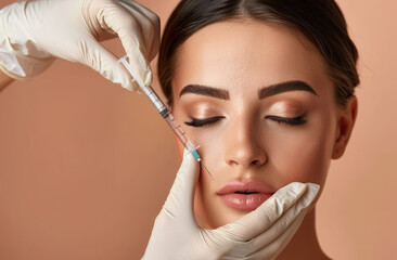 Poster - woman getting a Botox treatment on her forehead against a beige background, in a close up shot showing a hand with white gloves holding an elongated syringe over her face.