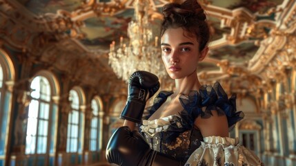 Elegant woman wearing boxing gloves in a lavish baroque room. She combines grace and strength, creating a striking contrast between power and elegance.