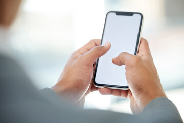 Aufkleber - Businessperson, hands and phone screen in office with mockup for texting, notification or online. Internet, corporate and financial broker for stock market, information or check investment on app
