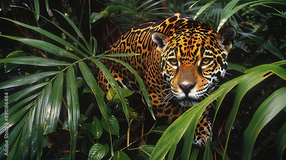 Majestic Jaguar prowling through the dense Amazon rainforest its ...