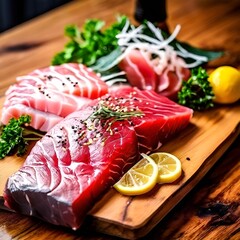 Poster - close-up-of-fresh-raw-madai-fillet-steak-and-sashimi-on-wooden-board-background-delicious-food