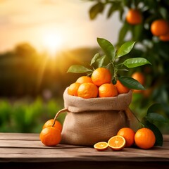 Poster -  orange-fruits-harvest-in-jute-sack-back-on-wooden-table-with-blurry-crop-farm-background-orange