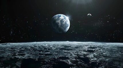 a stunning view of earth and its moon as seen from the surface of another celestial body, surrounded