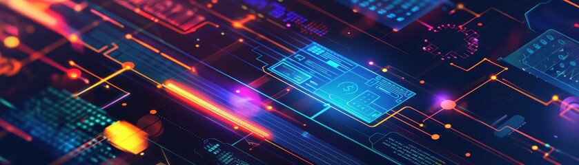 Poster - Futuristic digital technology background featuring colorful glowing circuitry and dynamic geometric shapes, perfect for tech and innovation concepts.