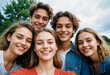 © TANAT - 13071215 05 5. A group of friends taking a selfie together, smiling brightly. Sharp Focus, High-resolution photograph