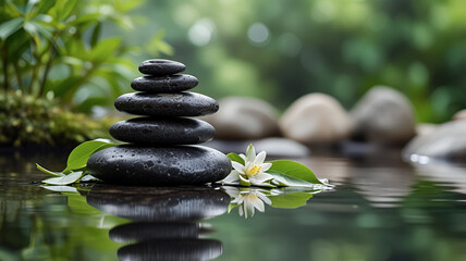 Stacked stones and green leaves in a spa, representing tranquility, balance, and the soothing power of nature.