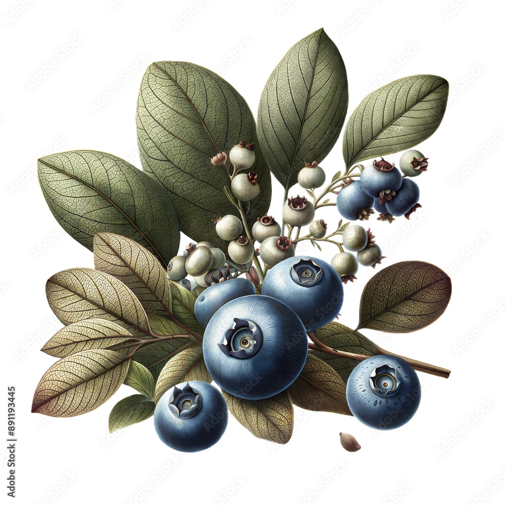 Ilustrace Blueberry Varieties at Various Ripeness Stages with Leaves ...