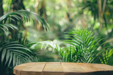 Wall Mural - Table top wood counter floor podium in nature outdoors tropical forest garden blurred green jungle plant background.natural product present placement pedestal stand display,spring - generative ai