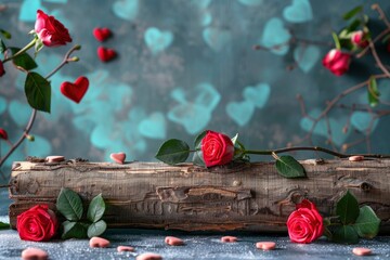 Wall Mural - Valentine's day background with empty wooden log, rose flowers and heart shapes. Holiday mock up for design and product display - generative ai