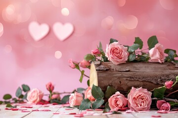 Wall Mural - Valentine's day background with empty wooden log, rose flowers and heart shapes. Holiday mock up for design and product display - generative ai