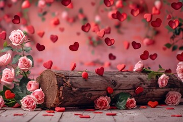 Wall Mural - Valentine's day background with empty wooden log, rose flowers and heart shapes. Holiday mock up for design and product display - generative ai