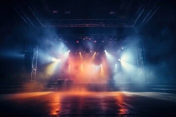 Sticker - Empty concert stage illuminated spotlight smoke.