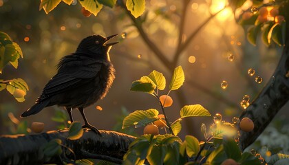 Sticker - A black bird perches on a branch with golden fruit, bathed in the warm light of the setting sun.