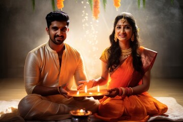 Canvas Print - An indian couple getting marry togetherness spirituality cross-legged.