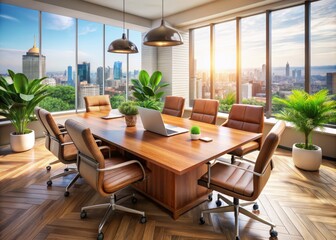 Polished wooden conference table with leather chairs, plants, and modern laptops, surrounded by a bright, airy office with a cityscape view, conveying professional camaraderie.