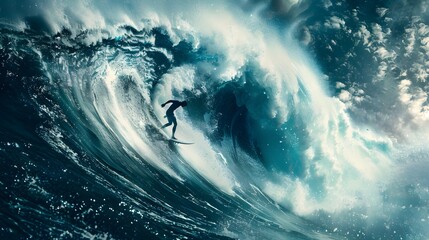 Wall Mural - surfing big wave a_ surfer riding a massive wave capture