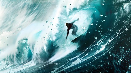 Wall Mural - surfing big wave a_ surfer riding a massive wave capture
