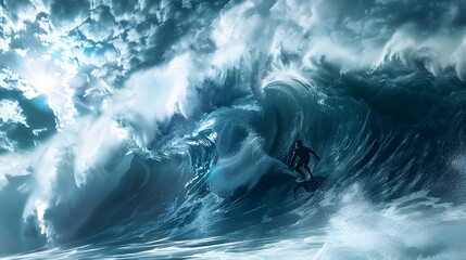Wall Mural - surfing big wave a_ surfer riding a massive wave capture