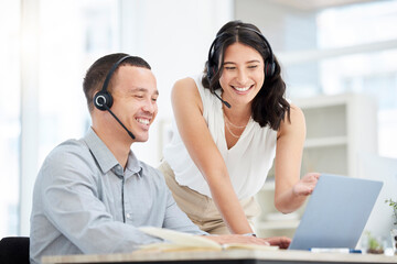 Aufkleber - Business people, call center and laptop with customer service, tech support and advice in office. Mentor, coaching and employees with pc, telemarketing and explain system with help desk, sales or crm