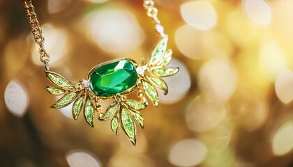 Necklace with green bright stone gold with sparkling green leaf motifs