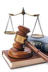 A close-up of a judge's gavel striking a sounding block, with law books and a balance scale against white background.