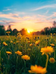 Sticker - A field of yellow flowers with the sun setting in the background. AI.