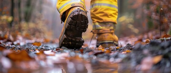 Canvas Print - A fireman's boots walking through a muddy puddle in the woods. AI.